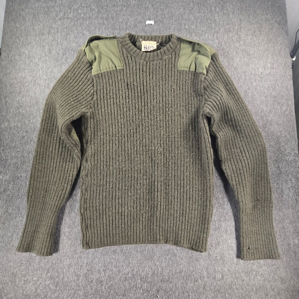 Vintage British Military Wool Commando Sweater Mens M Olive‎ Green Ribbed Woolly